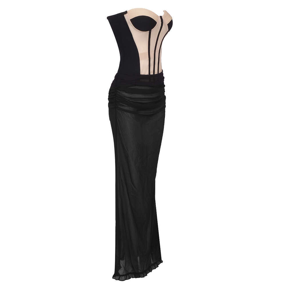 Women's Dress New Fashion Design Apricot Mesh Short Sleeve Black Chiffon Long Dress Two Piece Set