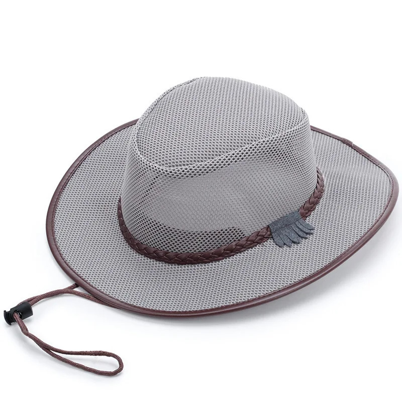 Hollow Out Breathable Solid Color Adjustment Rope Men Jazz Hat Summer Sun Protection Outdoor Wide Brim Cowboy Hat Beach Cap 250218