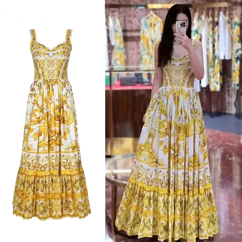 High Quality Fashion Vintage Blue And White Porcelain Print Women Summer Sexy V Neck Spaghetti Strap Casual Holiday Boho Dresses250222