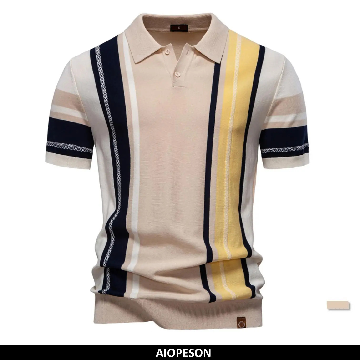 AIOPSON 2025 Mens Breathable Striped Contrast Panel Polo Shirt - Lightweight Summer Casual Knit Top with Mesh Inserts 250226