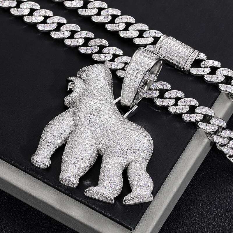 S Sier D VVS Moissanite Animal Orangutan Pendant Iced Out Micro Pave Fashion Men's Hip Hop Punk Necklace Rock Jewelry