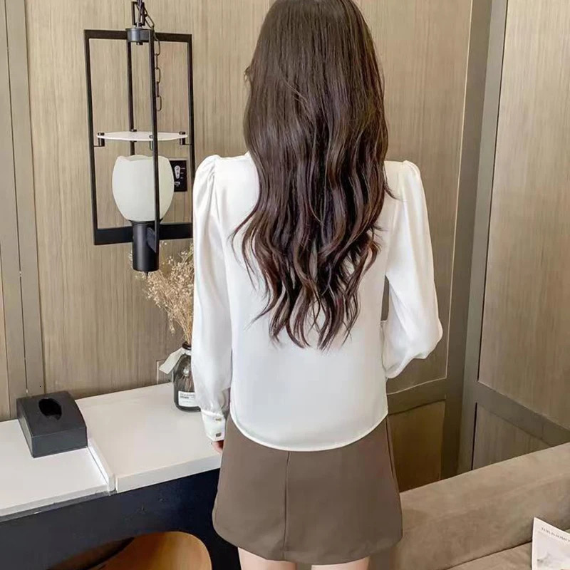 Double Breasted French Turn Down Collar Long-sleeve Solid Top Office Lady Shirt And Blouses Casual Woman Clothing Simple Elegant 250226