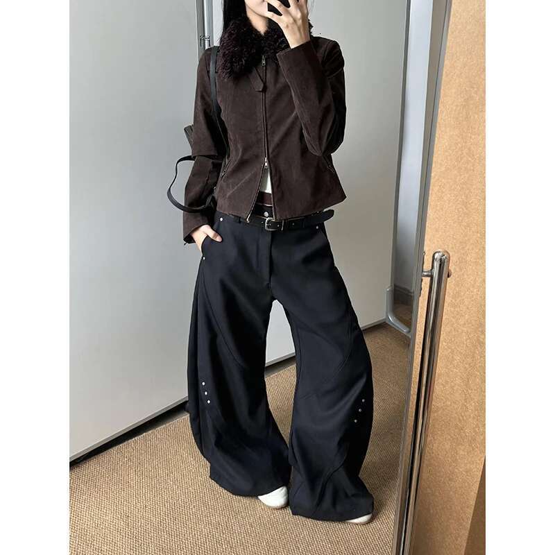 Drapey Black Suit Pants For Women High-End Design Loose Versatile Wide-Leg Casual Trousers High Street Haruku Mopping Hip Hop