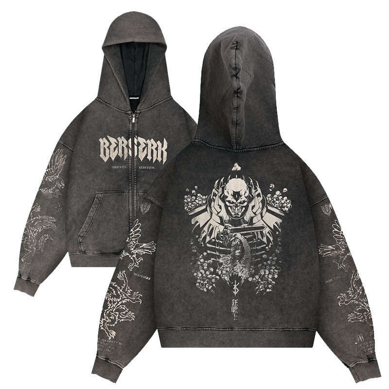 Imprinted Warrior Sword Wind Legend Berserk Anime Cartoon Washed Outdated Hoodie Jacket