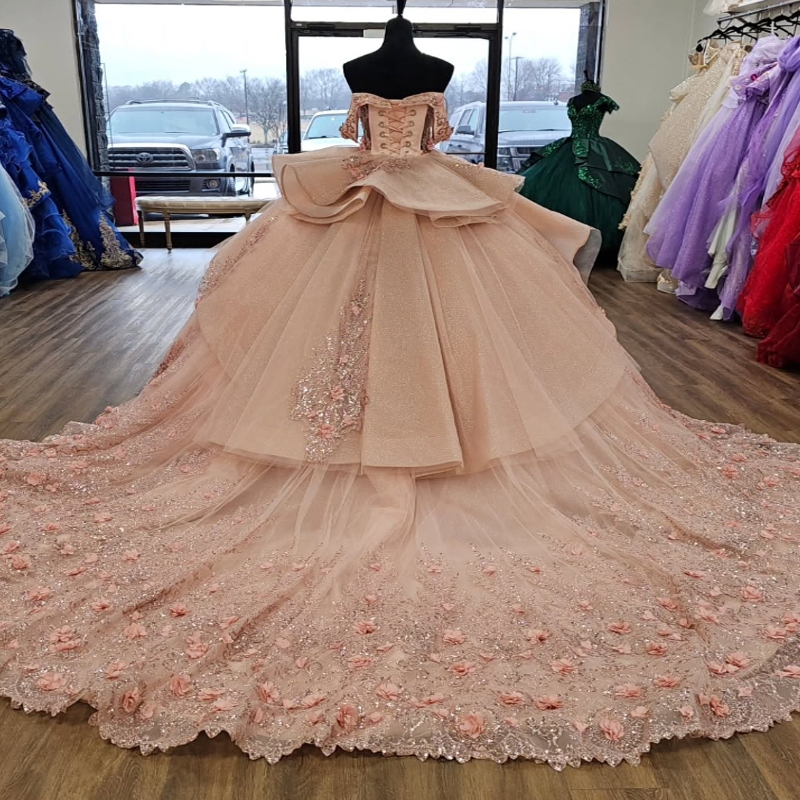 Pink Shiny Quinceanera Dresses Ball Gown Off Shoulder Sequin Appliques Lace Flower Beads Tull Corset Sweet 16 Dress Vestidos 15 De Anos