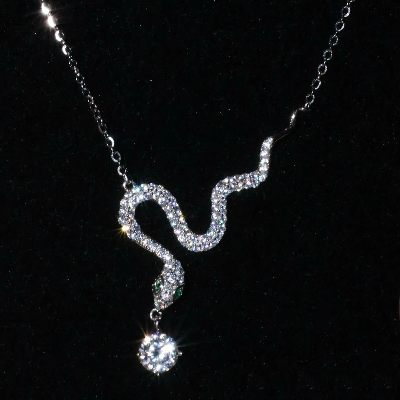 S925Sterling silver pendant necklace shiny high-end and personalized zircon inlaid snake-shaped gift for women 250220