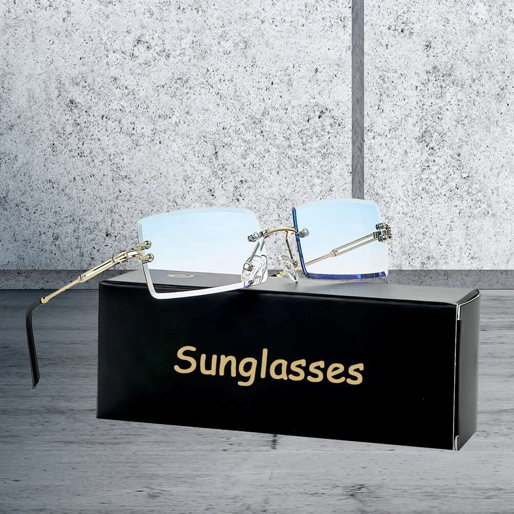 Men's Retro Sunglasses for Men Women Tinted Lens Metal Frame Vintage Rimless Rectangle Glasses UV400 Protection
