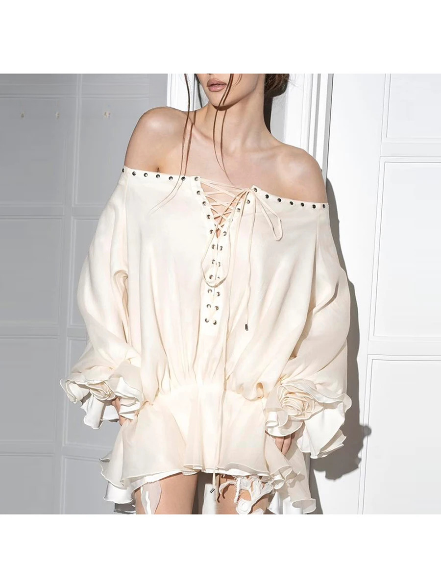 Solid Lace Up Loose Dresses For Women Slash Neck Long Sleeve High Waist Designer Mini Dress Female Fashion Style