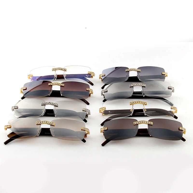 KENBO 2024 Vintage Rimless Rectangle Sunglasses for Women Men Sun Glasses Fashion Crystal Wood Eyewear Shades UV400