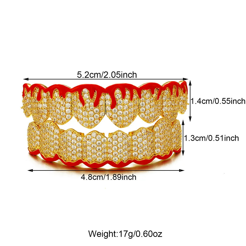 8/8 Red Drip Oil CZ Teeth Caps Cubic Zircon Iced Out Micro Pave Top Bottom Charm Grills For Men Women Jewelry Gift 250220
