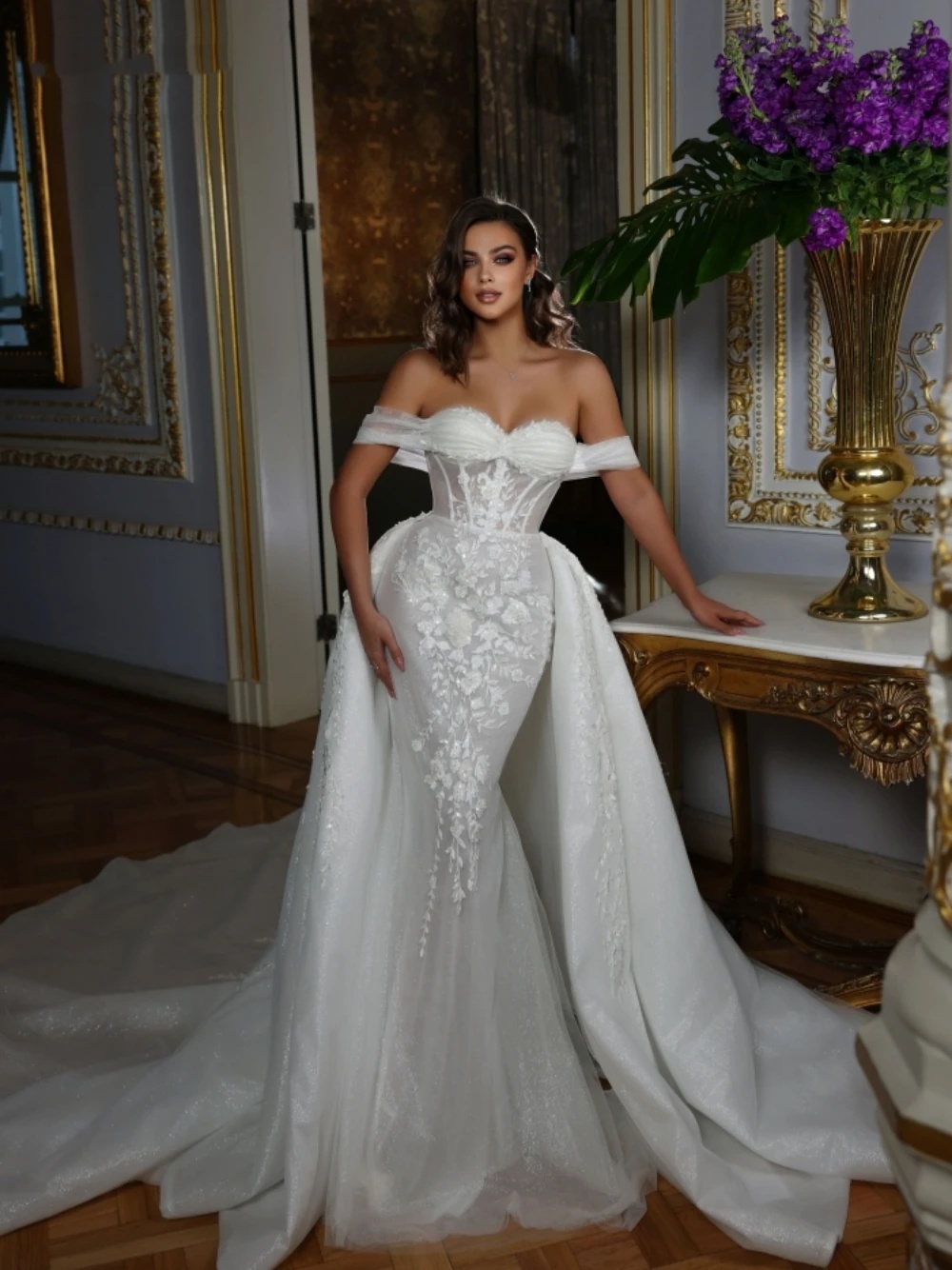 Classic Mermaid Wedding Dress Sweetheart Neck Off Shoulder Bridal Gowns Appliques Sequins Detachable Train Dresses Custom Made vestidos de novia