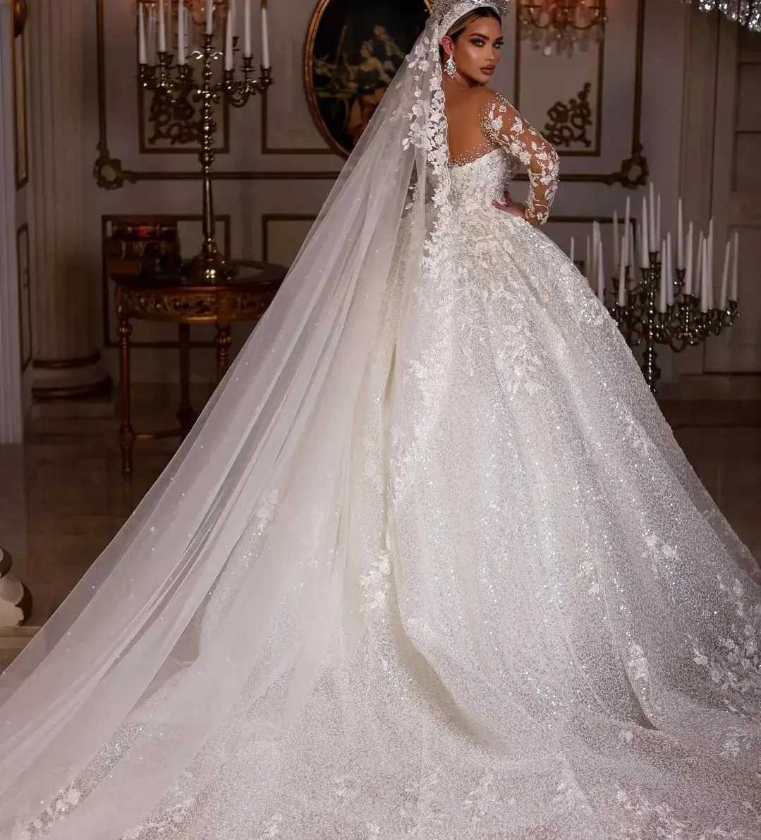 Princess Wedding Dresses Vintage Bridal Gown Beading Shinny Tulle Long Sleeves Dress Elegant Pretty Customized 2025 250224