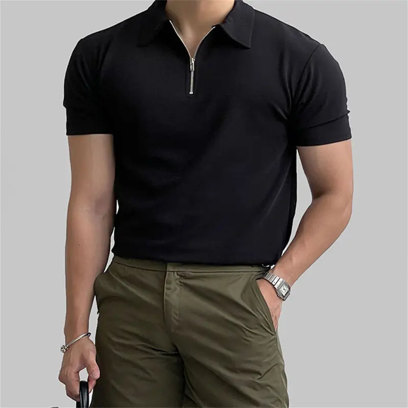 Mens Sports Fitness Black Slim Half Zipper Polo Shirts Wear Lapel Summer Short Sleeve Fashion Casual Tops 250225