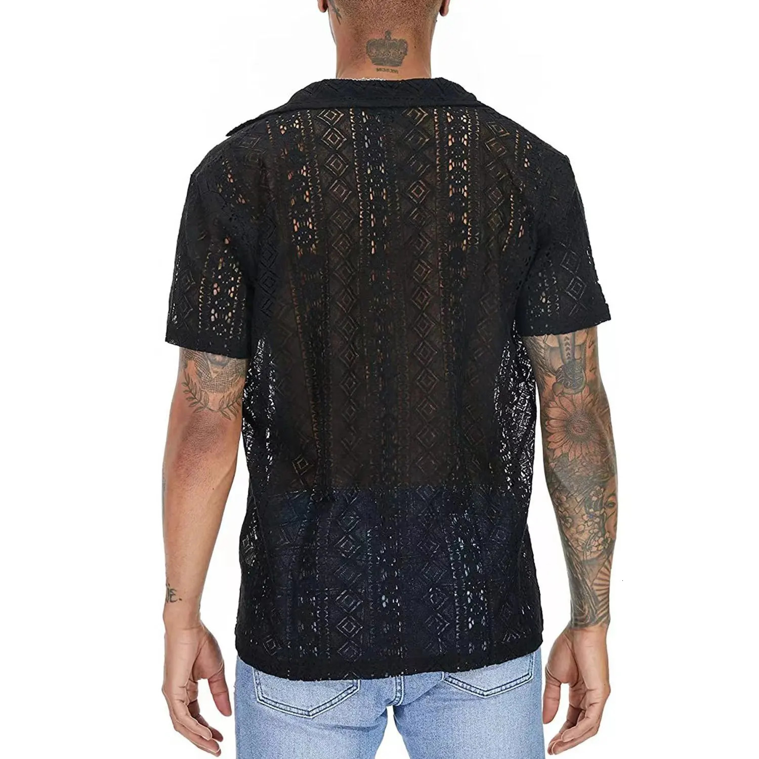 Summer Fashion Casual Style Mens Tops Hollow Out Lace Pane Solid Printed Sexy Blouse Male Knitted Short-sleeved Shirts 250222