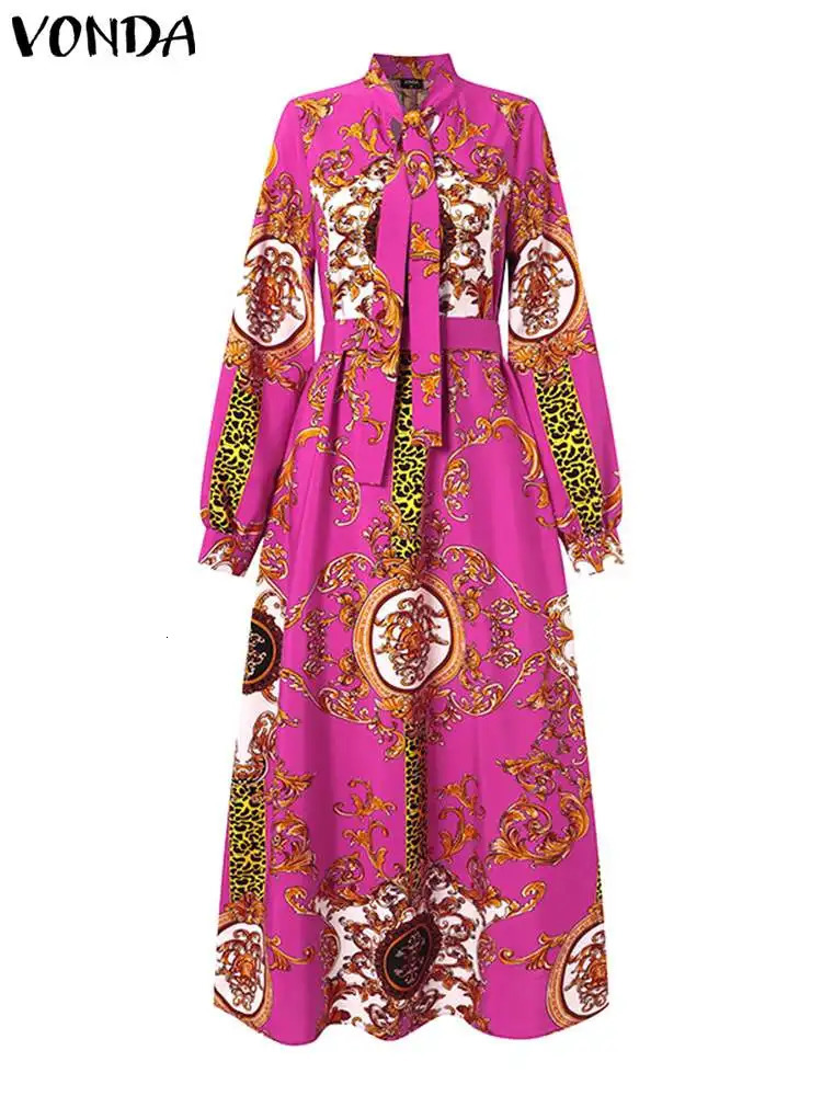 VONDA Maxi Dress Summer Women Bohemian Printed Party Sundress Long Sleeve Stand Collar Casual Robe Holiday Dresses Belted 250222