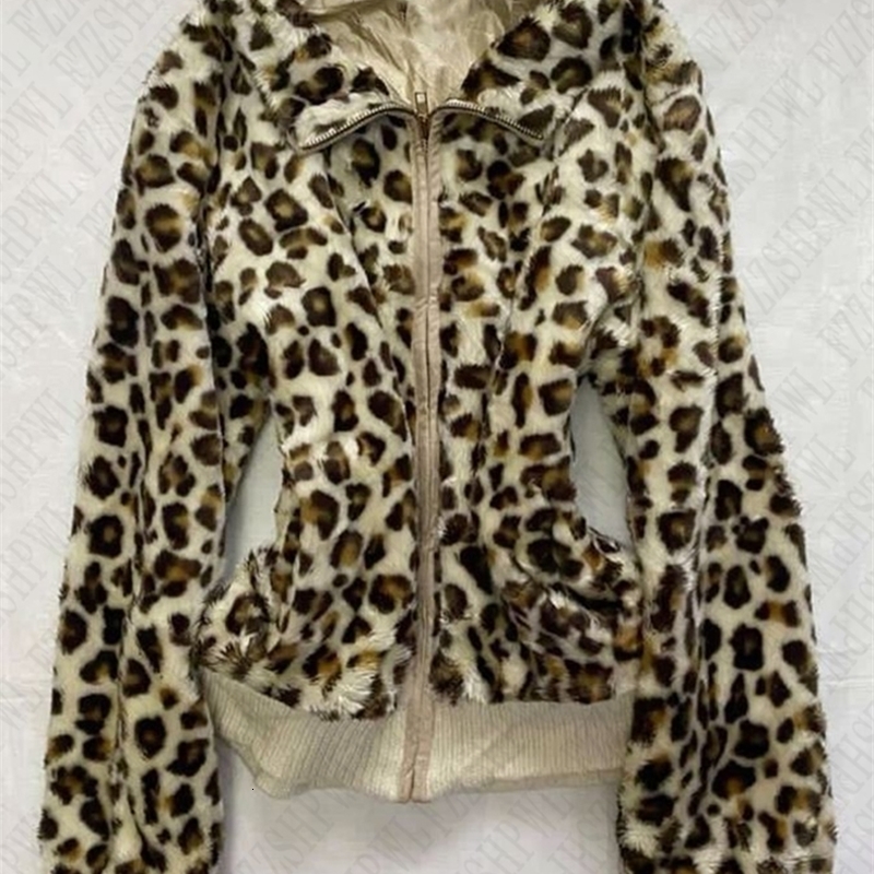 Plush Leopard Pattern Hoodie High Street Urban Beauty 90S Tops Trash Punk American Hip-Hop Rock Retro Chic Casual Womens Hoodie 250225