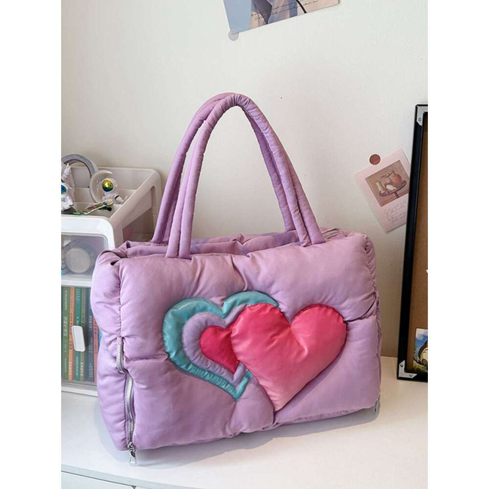 Women's Bags Autumn And Winter New Down Tote Women's Fashion Love Printed Large Capacity Cotton Robe Versatile Shoulder Bag Handbag
