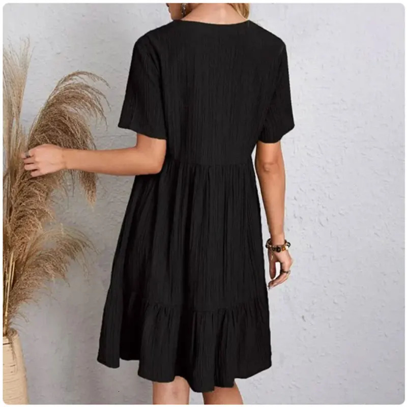 Women Summer Peplum Dresses Spring V-Neck Short Sleeve Loose Waist Ruffle Vocation Dresses 250225