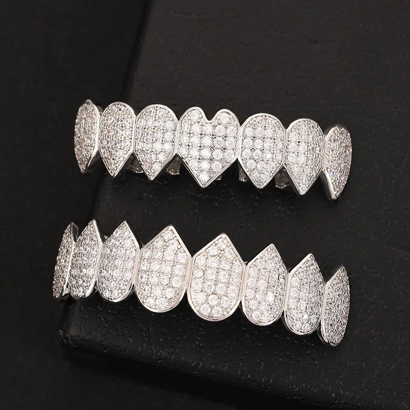 Iced Out Cubic Zircon Irregular Heart Teeth Set Men Women Top Bottom Stone Brass Material Hip Hop Cosply Decor 250220