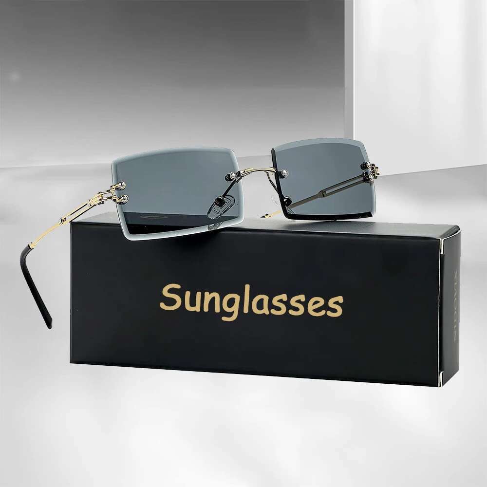 Men's Retro Sunglasses for Men Women Tinted Lens Metal Frame Vintage Rimless Rectangle Glasses UV400 Protection