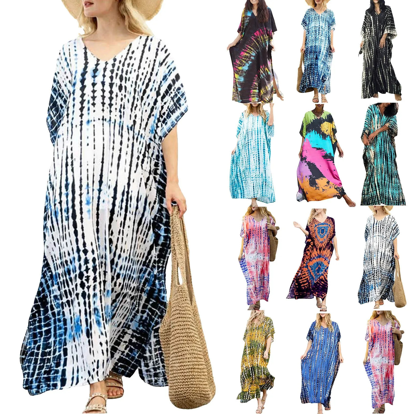 Womens Plus Size Kaftans Casual V Neck Puff Sleeve Boho Loose Floral Long Soft Beach Maxi Summer Swing Party Dresses For Women 250225