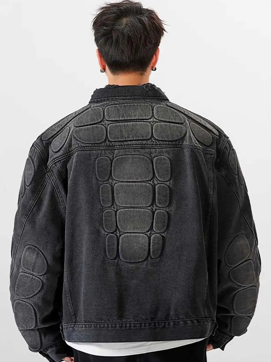 REDDACHIC 3D Padded Demi-season Denim Jacket Men Heavy Industry Vintage Wash Ripped Hole Y2k Oversize Coat Fall Winter Outerwear 250225