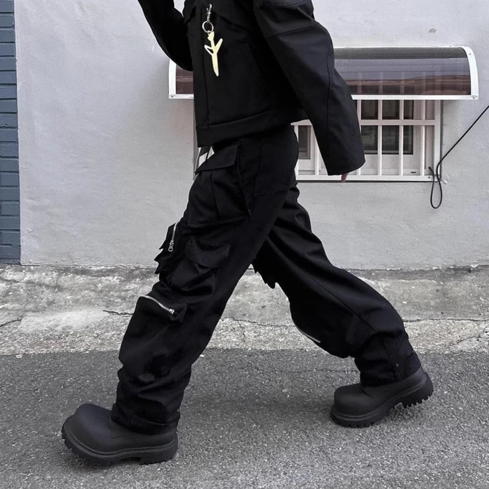 High Street Multi-pockets Functional Wide Leg Cargo Pants Unisex Black Straight Baggy Y2K Overalls Oversized Loose Trousers 250225