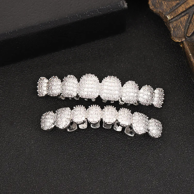 8/8 teeth HIP HOP Teeth Top Bottom Grills Set With silicone Real Shiny Tooth Sets Gift 250220