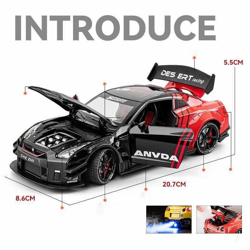 Diecast Model Cars Auto Alloy Model 1 To 24 GTR Modified Version With Spray Rebound Toy Sports Car Sound Model Ornament Y250226