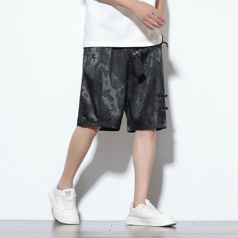 2024 Chinese Style Mens Solid Color Shorts Lightweight Dragon Pattern Beach Men Jogging Sport Black 250214