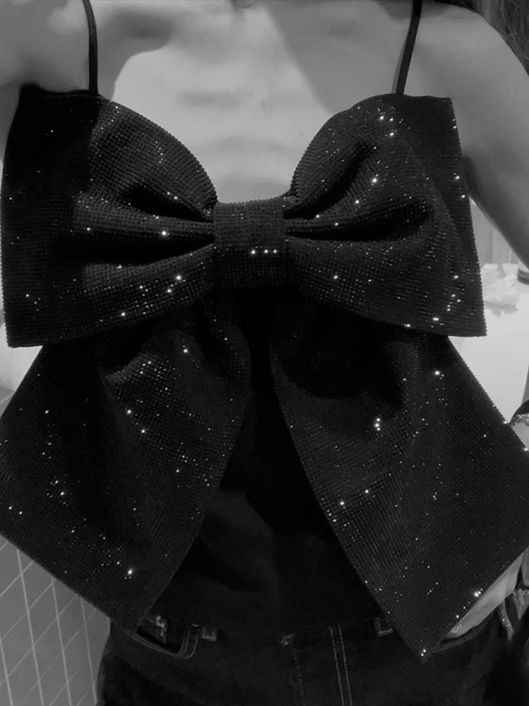 Sequined Big Bow Tank Tops Women Shinny Sleeveless Backless Pleated Zippers Party Camisole 2025 Spring Urban Streetwear Urban 250225