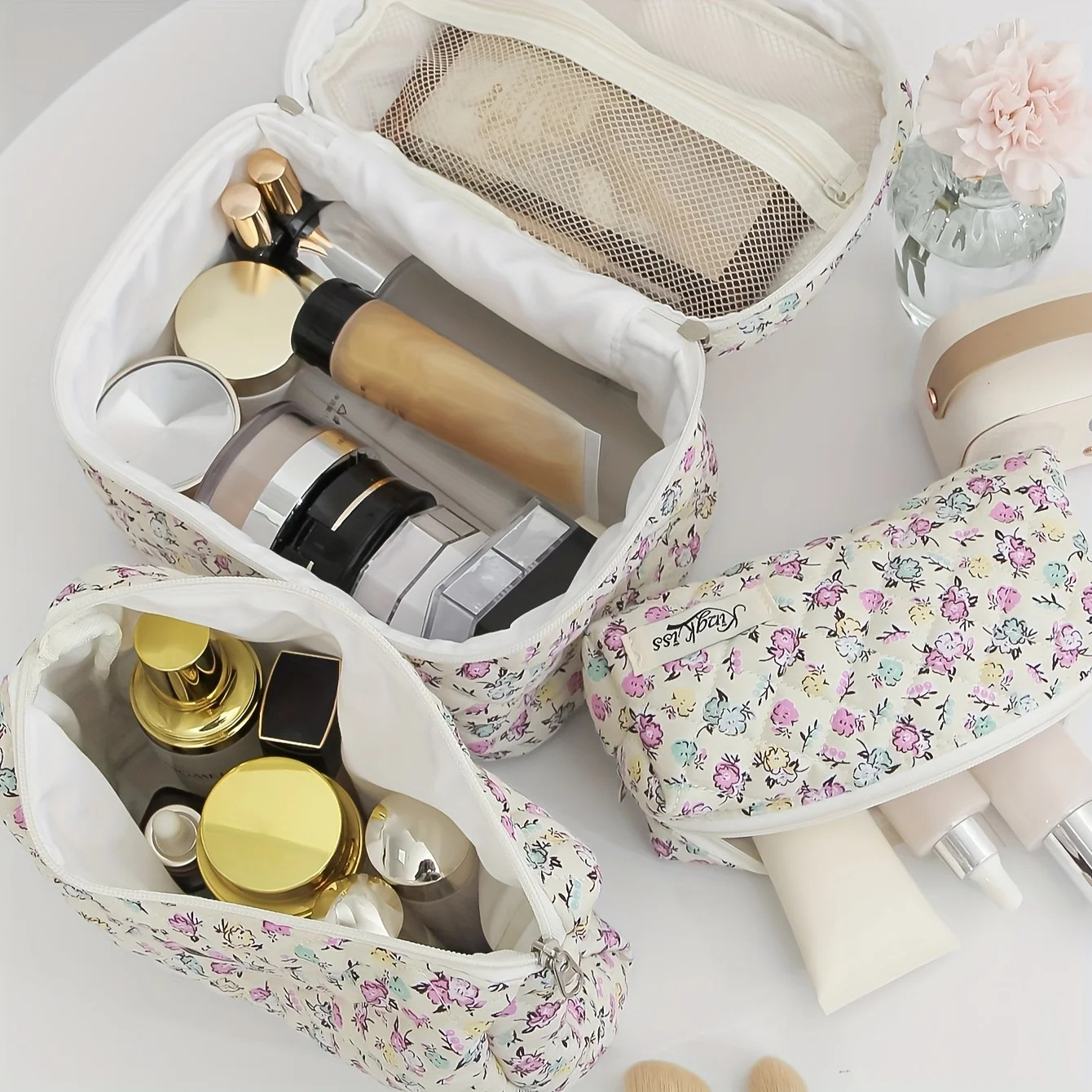 3pcs Large Capacity Quilted Makeup BagTravel Coquette Cosmetic Bag Aesthetic Cute Floral Toiletry Organizer Skincare Bag 250221