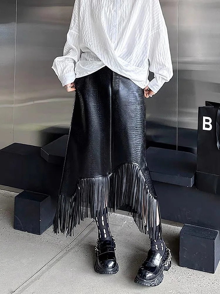 EWQ Elastic Waist Fringe Skirt Black Trendy Womens Clothing Elegant High Waist A-line leather Skirts Y2k 2025 summer GZ23 250225