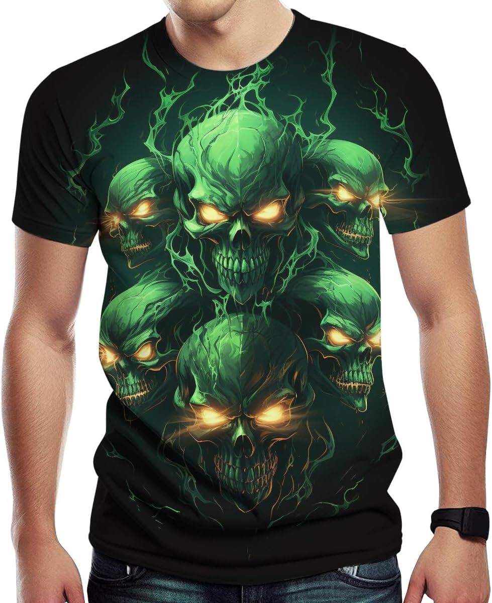 Mens T shirt Novelity 3D Print Skull T-Shirts for Men Flame Skull Graphic Short Sleeve Tee Shirt tee Casual tops summer clothes green