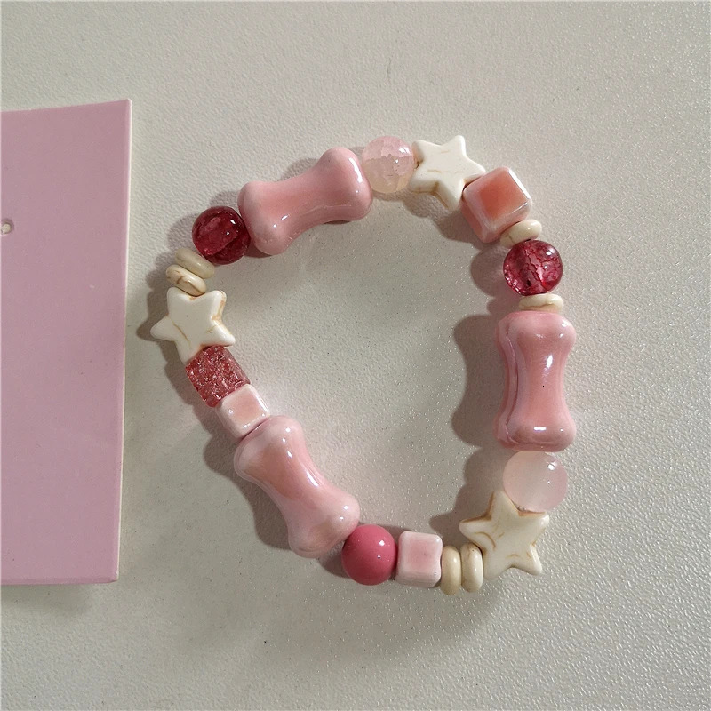 Cute Y2K Harajuku Aesthetic Pink Acrylic Ceramic Star Beaded Bracelet For Girl EMO 2000s Charm Jewelry Accessories Birthday Gift 250225