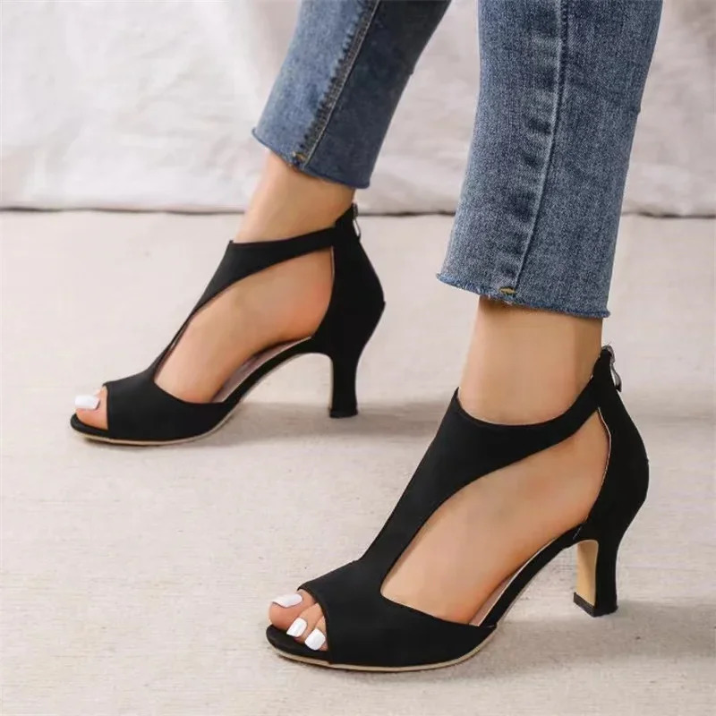 Shoes 2024 Women High Quality Summer Woman Sandals Solid Color Rome Flock Mid Heel Zipper Open Toe Beach Sandals Female 250218