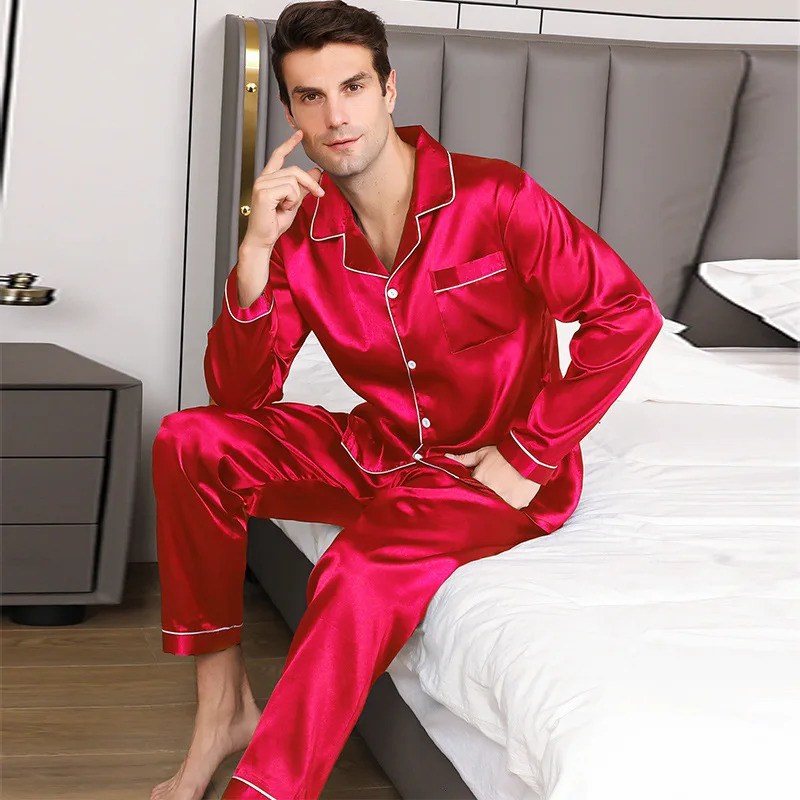 Mens Pajamas Suit Summer Ice Silk Sleepwear Sheer Thin Long-Sleeved Loose Large Size Loungewear Suit Silky Satin Nightwear 250225