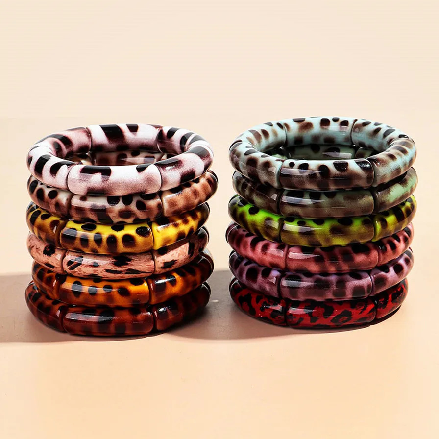 Colorful Leopard Big Bamboo Tube Beaded Acrylic Bracelets for Women Men Boho Elastic Curved Resin Bangle Stack Jewelry Gifts 250225