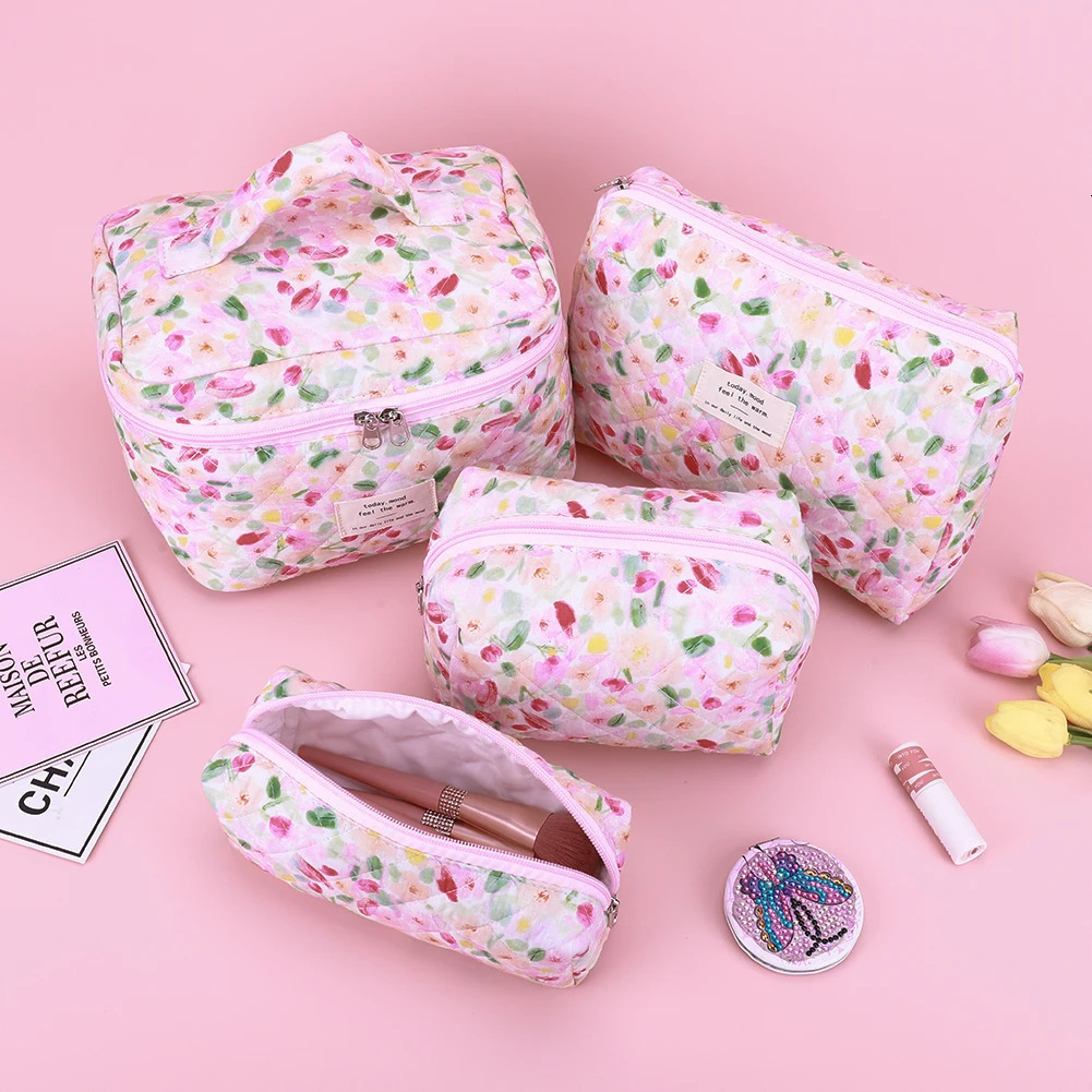 4PCS Women Travel Toiletry Bag Quilted Cotton Makeup Bag Floral Make Up Organizer Toiletry Organizer Bag 250221