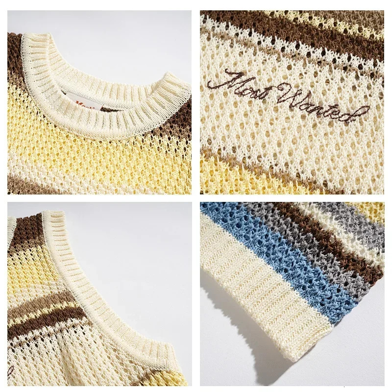 Fashion Striped Hollow Knitted Vest Mens Summer Color Matching Sleeveless Tshirt Loose Couple Vests Tops Male Clothes 250225