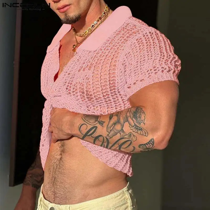 Mens Shirt Mesh Transparent Hollow Out Lapel Short Sleeve Mens Clothing Streetwear Sexy Solid Fashion Shirts S-5XL INCERUN 250222