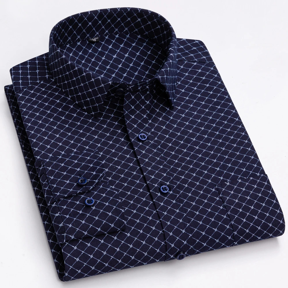 Mens 65% Cotton Long Sleeve Printed Check Dress Shirt Single Patch Pocket Regular-fit Comfortable Versatile Thin Casual Shirts 250226