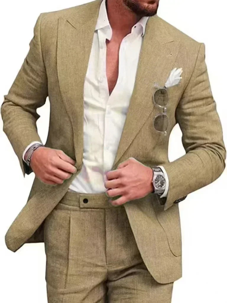 Summer Beach Party Attire single button two-piece sports jacket regular set elegant mens wear suitable for groom linen set 250224