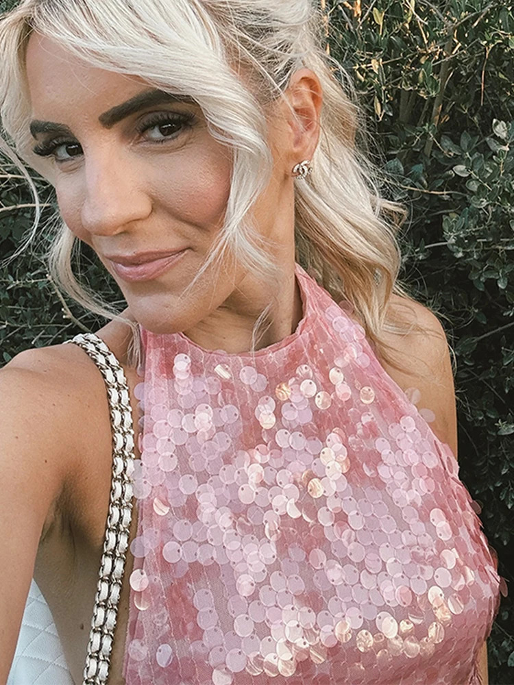 Halter Collar Bead Dress Sequin Glitter Lace Up Hanging Neck Fashion Sexy Backless Socialite Party Gown Pink Beach Short Dresses 250225