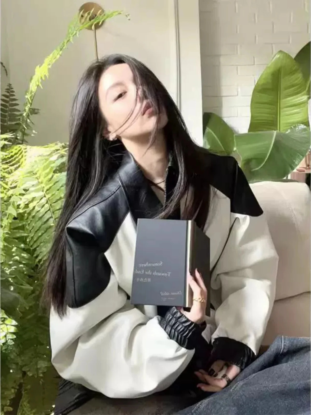 Womens Vintage China-Chic Black White Contrast Splice Leather Jacket Female Spring Autumn Fashion Loose Long Sleeve Coat 250225