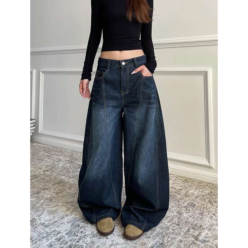 MDNG Blue Women's Retro Y2k 2000S Wide Leg Baggy Casual Denim Trouser High Waist Loose Jeans 2025 Autumn Haruku Full Length Pants