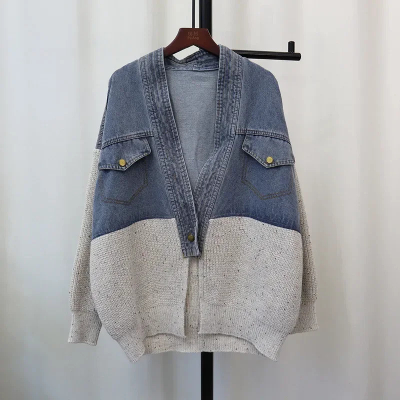 Women Denim Sweater Cardigan Kintted Button Loose Spring Autumn Vintage Winter Streetwear Y2k Jumper Coat Cardigans 250225