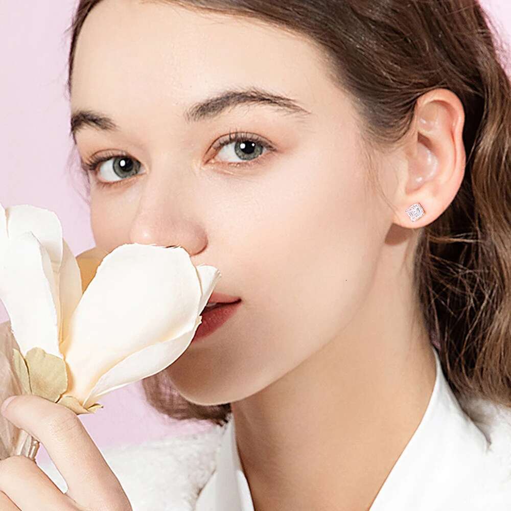 1carat Sqaure Shape Moissanite Stud Earrings for Women Men Asscher Princess Cut Earring Sier Dia Ear Studs