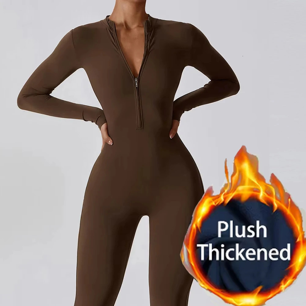 Warm Longsleeve Jumpsuts Women Thickened Sport Overalls Gym Set Zipper Fitness Bodysuits Winter Jumpsuit Workout Tracksuit 250225