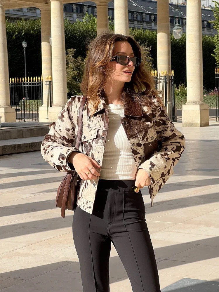 Women Fashion Printed Lapel Short Leather Jacket Chic Single Breasted Full Sleeves Cropped Coats Autumn Lady Commuting Outwears 250225